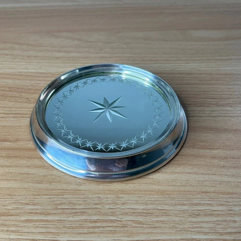 White Barn Co. Silver Star Burst Mirror Candle Wine Bottle Coaster Etched - Picture 8 of 13